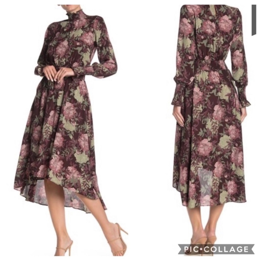NWT Nanette Lepore Floral Smocked High/Low Dress Eggplant/ Green Sz 6